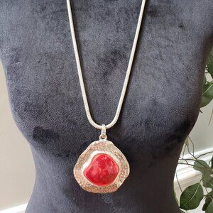 Women's Silver Plated Red Sard Gemstone Snake Chain Pendant Necklace with Barrel